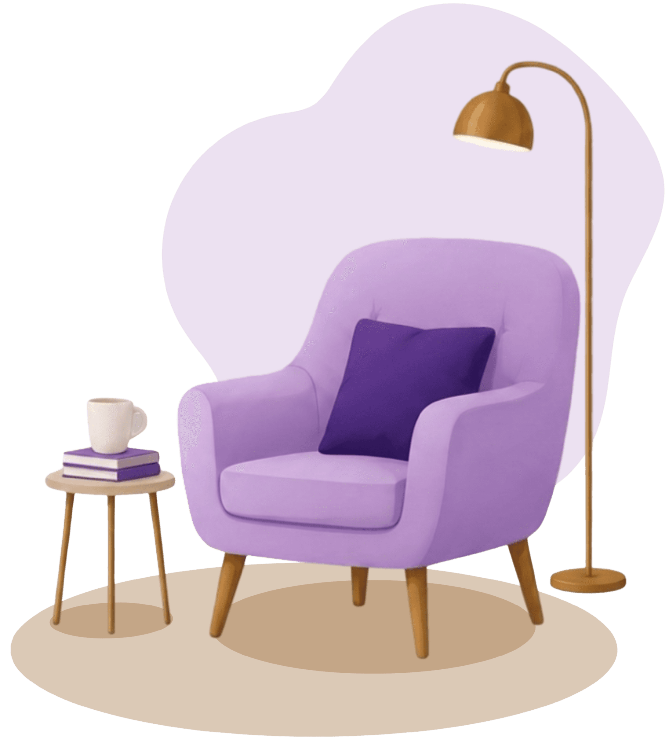 Cozy therapy room illustration with a purple armchair and golden lamp